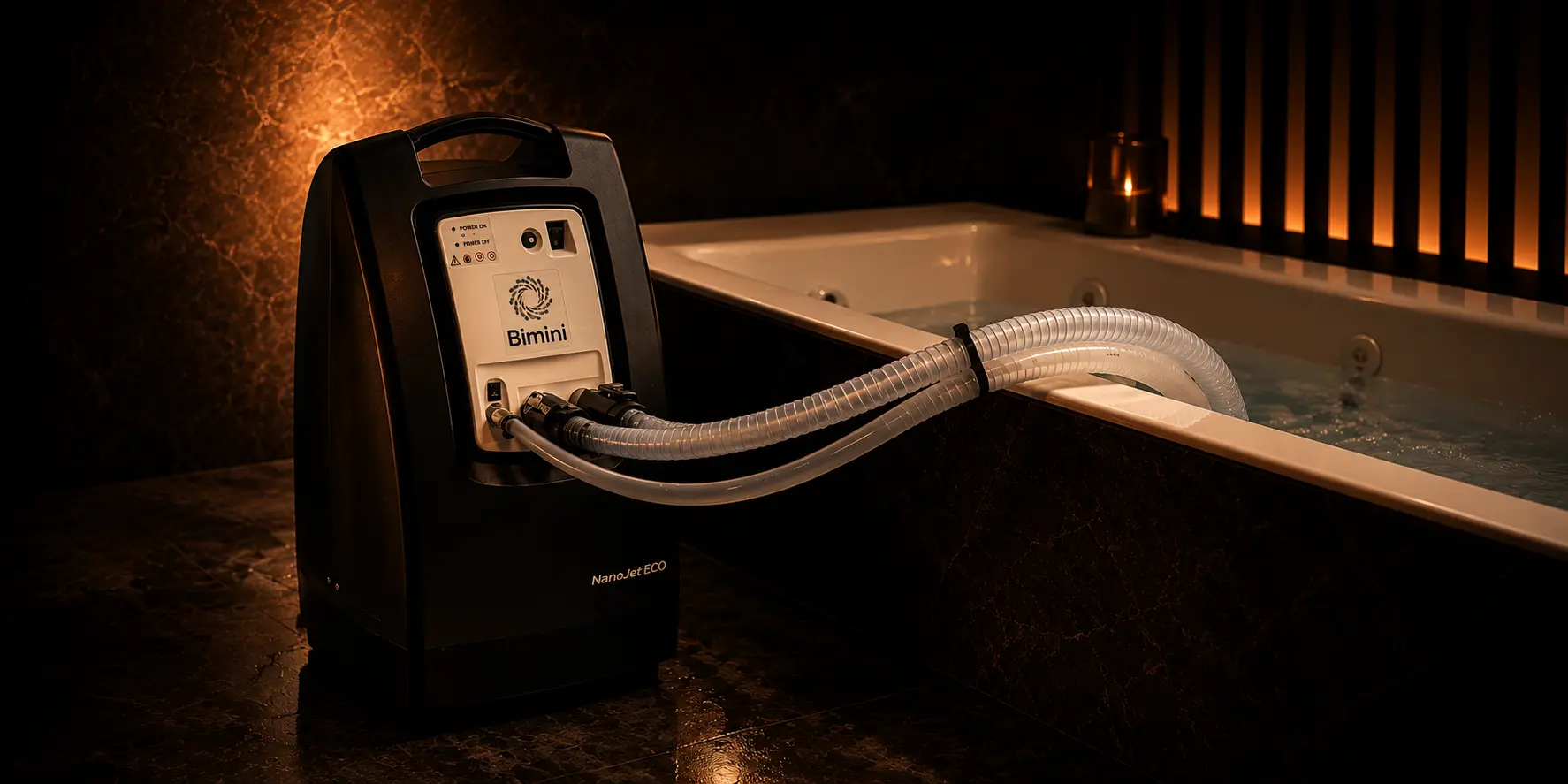 Bimini NanoJet ECO nanobubble hydrotherapy system connected to a warm bath