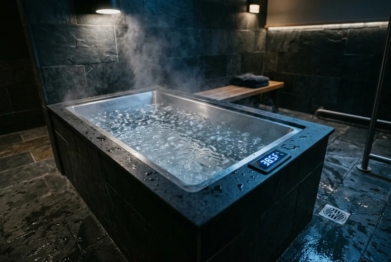 Commercial cold plunge tub filled with ice water and rising mist in a slate-tiled recovery room