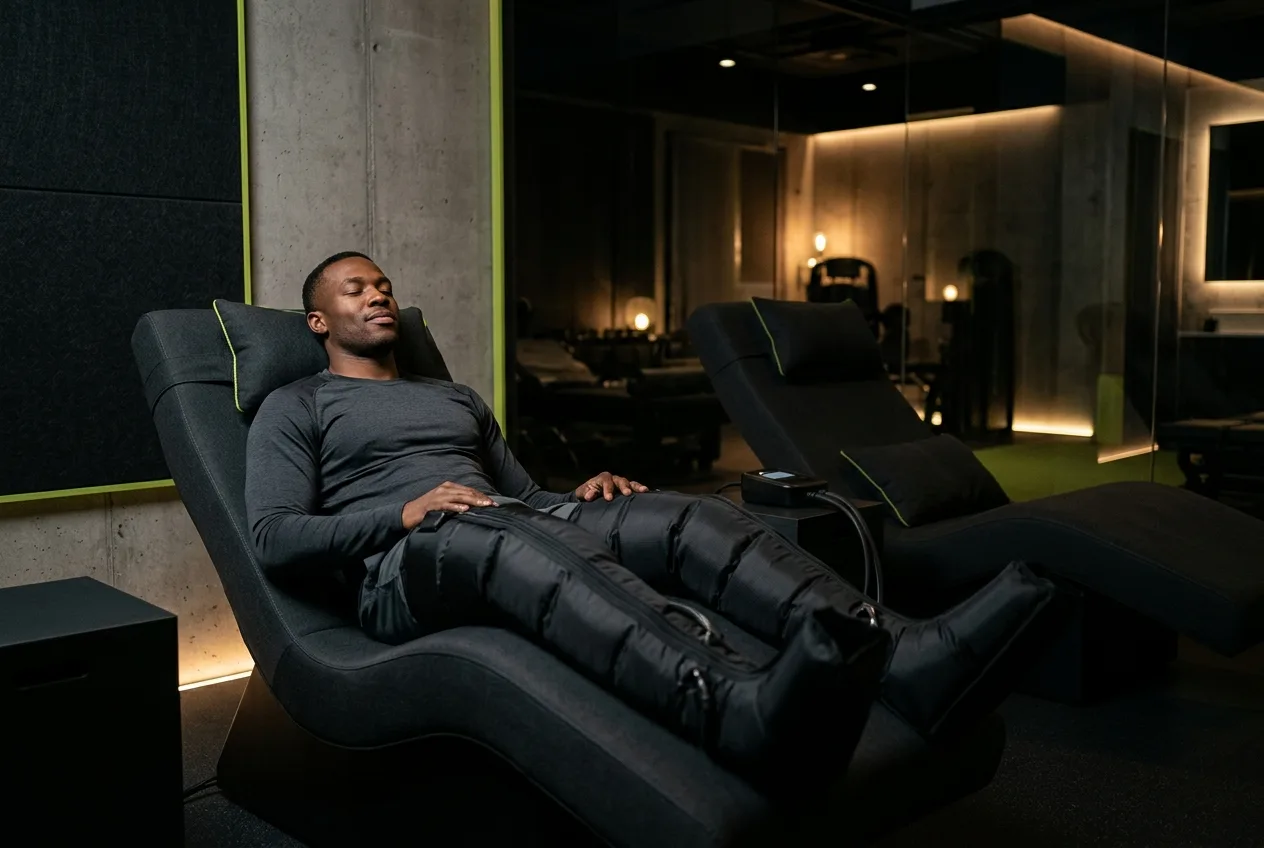 Athlete reclining in a zero-gravity chair wearing Normatec-style compression recovery boots