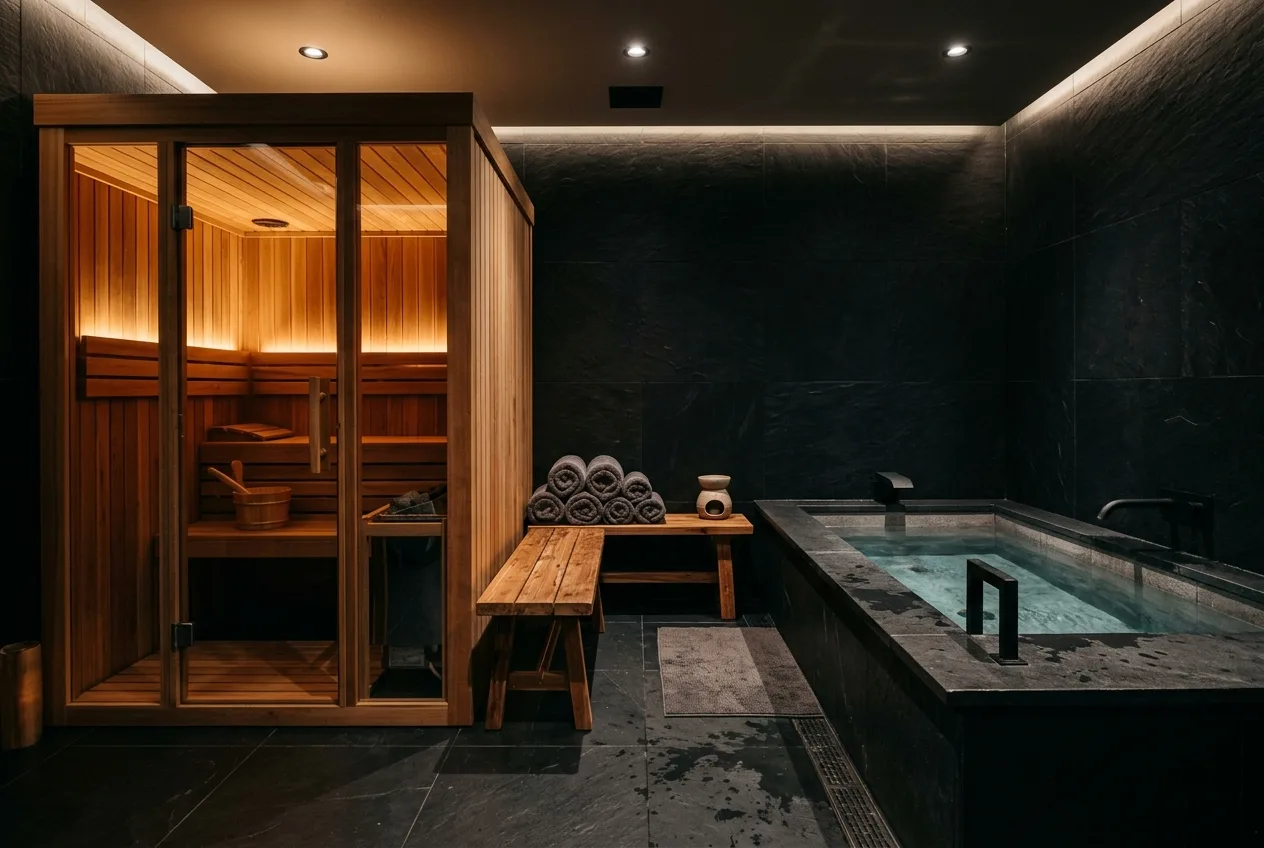 Private contrast therapy suite with a cedar sauna cabin and cold plunge tub in one dark room