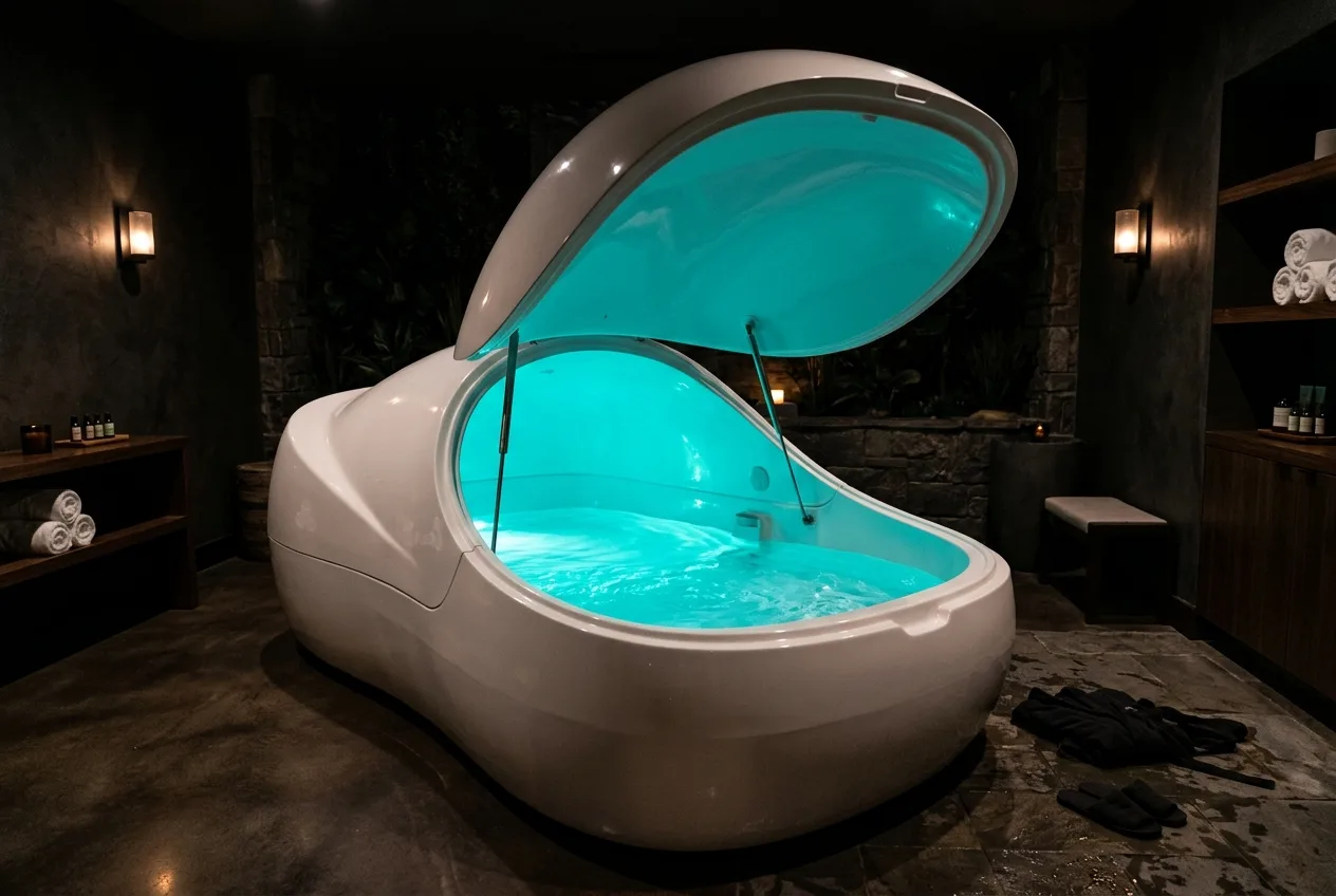White float therapy pod with open lid revealing turquoise-lit salt water in a quiet dark spa room