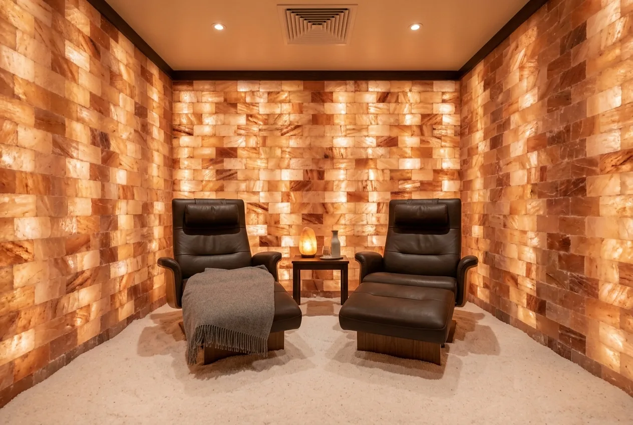 Halotherapy salt room with glowing backlit salt brick walls, salt-covered floor and two lounge chairs
