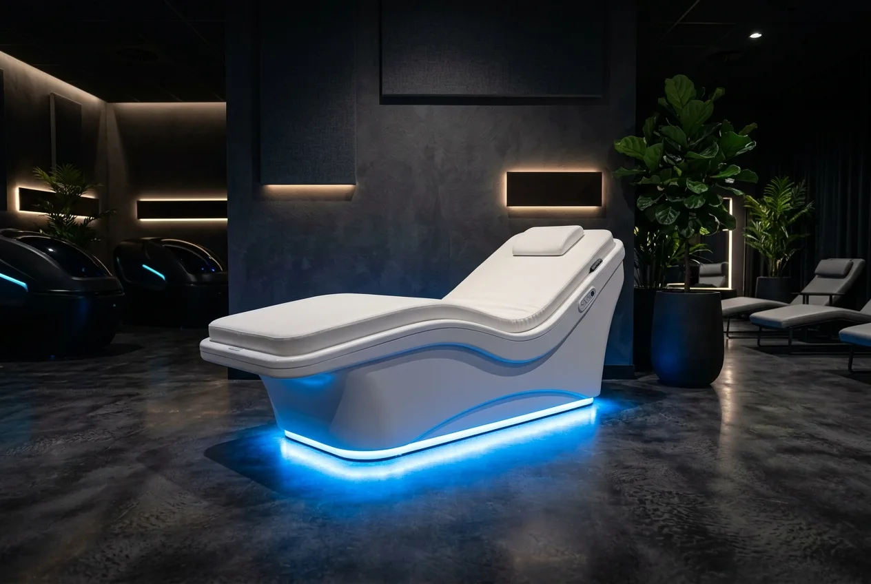Dry hydromassage water lounge bed with blue underglow in a dark premium gym recovery area