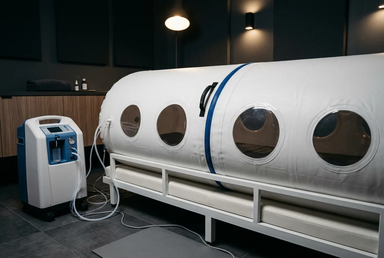 Mild hyperbaric oxygen chamber with round viewing windows and oxygen concentrator in a clinical room