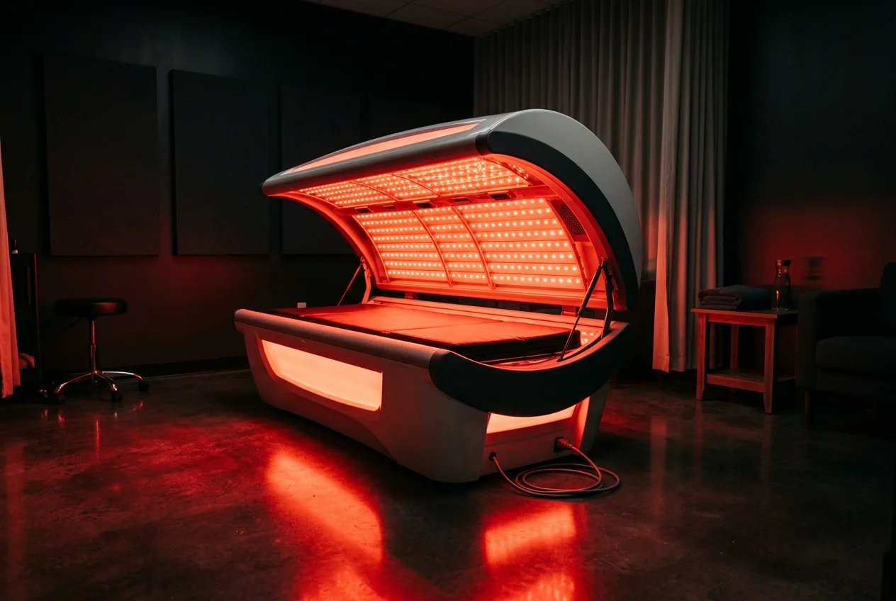 Full-body red light therapy bed with open clamshell lid glowing red in a dark wellness room