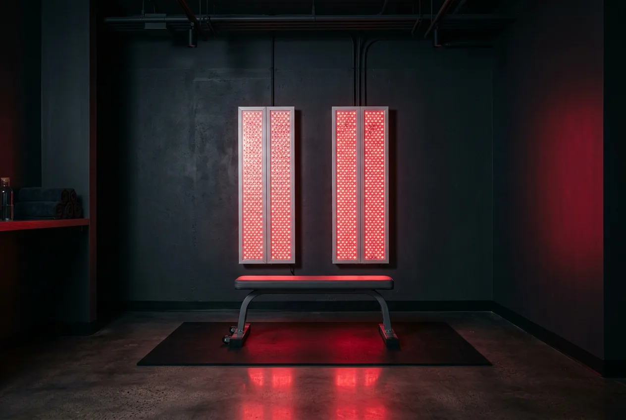 Two wall-mounted red light therapy panels glowing red over a bench in a gym recovery corner