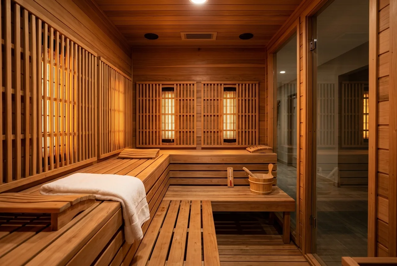 Interior of a commercial infrared sauna with cedar benches and glowing amber heating panels