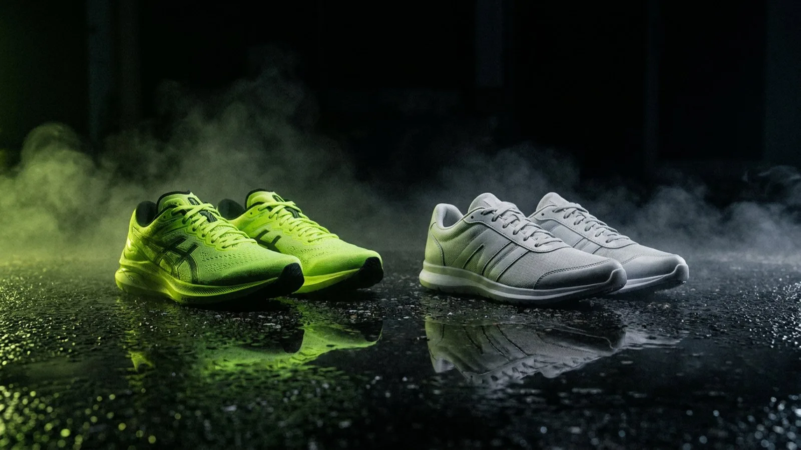 Two pairs of road running shoes on wet asphalt illustrating running shoe rotation for injury prevention