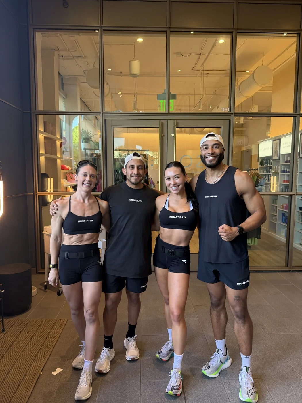 NinjAthlete crew in the Women's Collection sports bra and spandex shorts