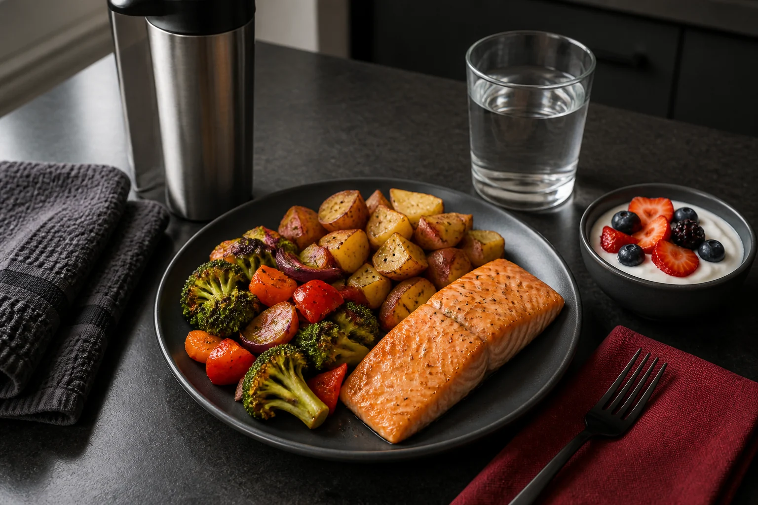 A balanced post-workout meal with salmon, potatoes, vegetables, yogurt, berries, and water
