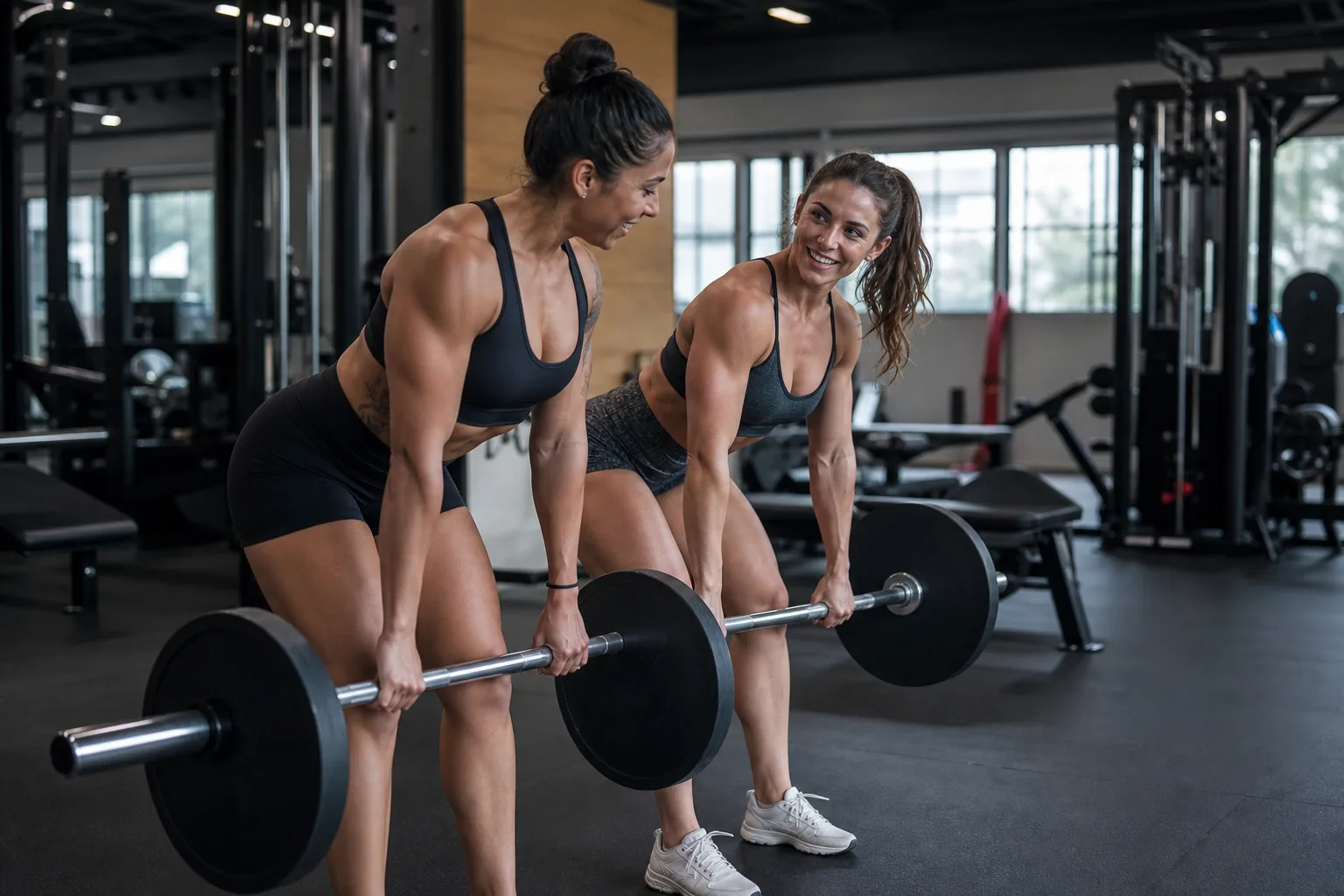 Two strong women training together with barbells