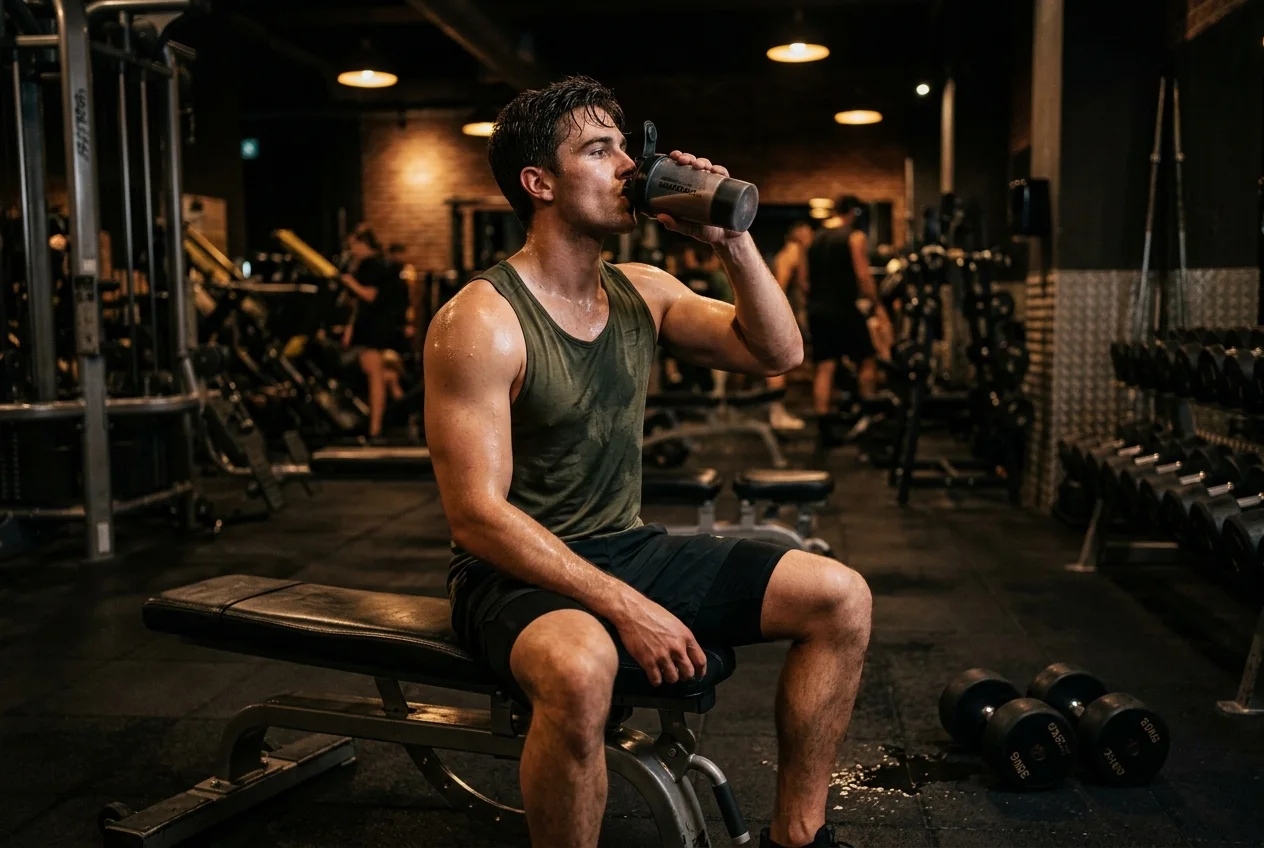 Athlete drinking a protein shake on a gym bench right after a workout