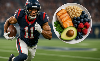 NFL athlete running with overlay of healthy foods like salmon, quinoa, avocado, and berries