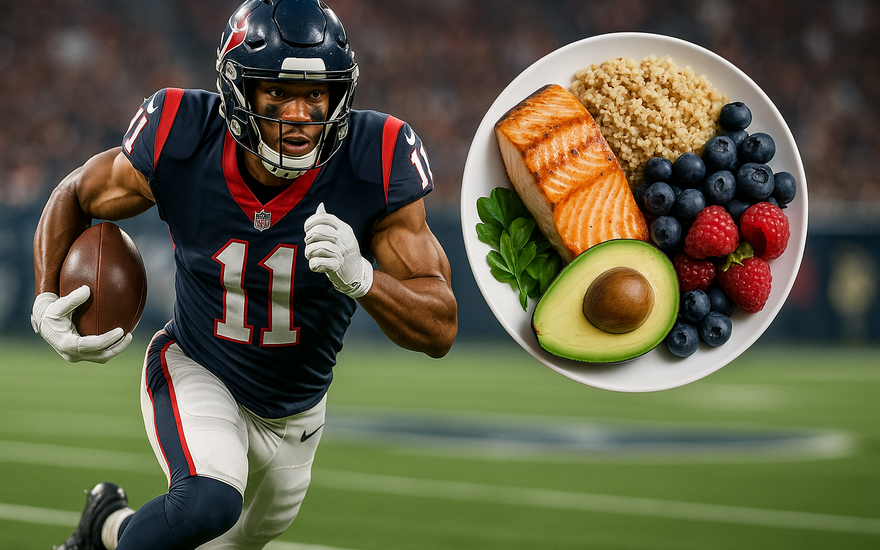 NFL athlete running with overlay of healthy foods like salmon, quinoa, avocado, and berries