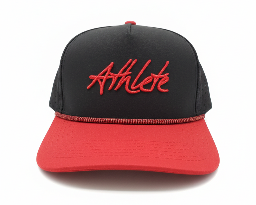 red and black athlete rope hat
