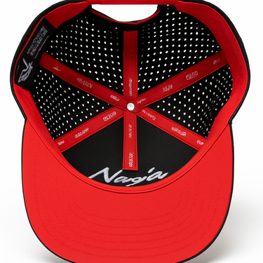 red and black snapback hat