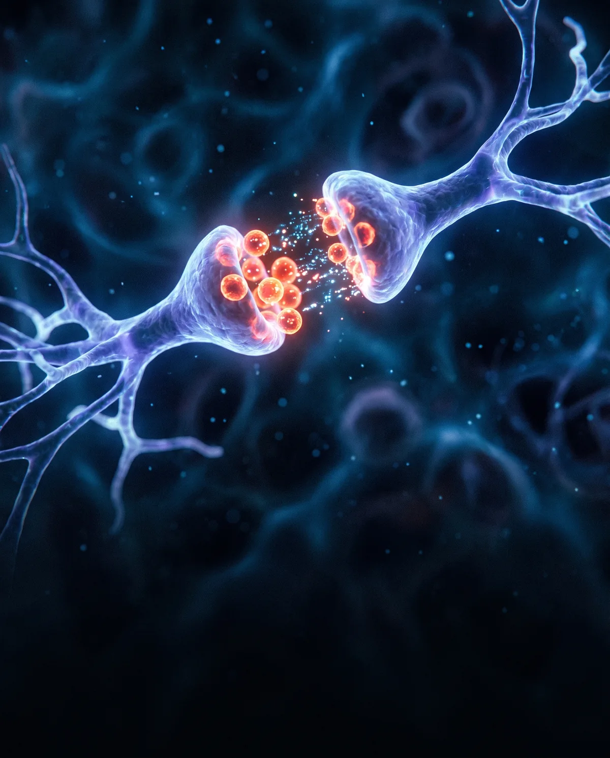 Two neurons at a synapse releasing neurotransmitters that depend on brain oxygen