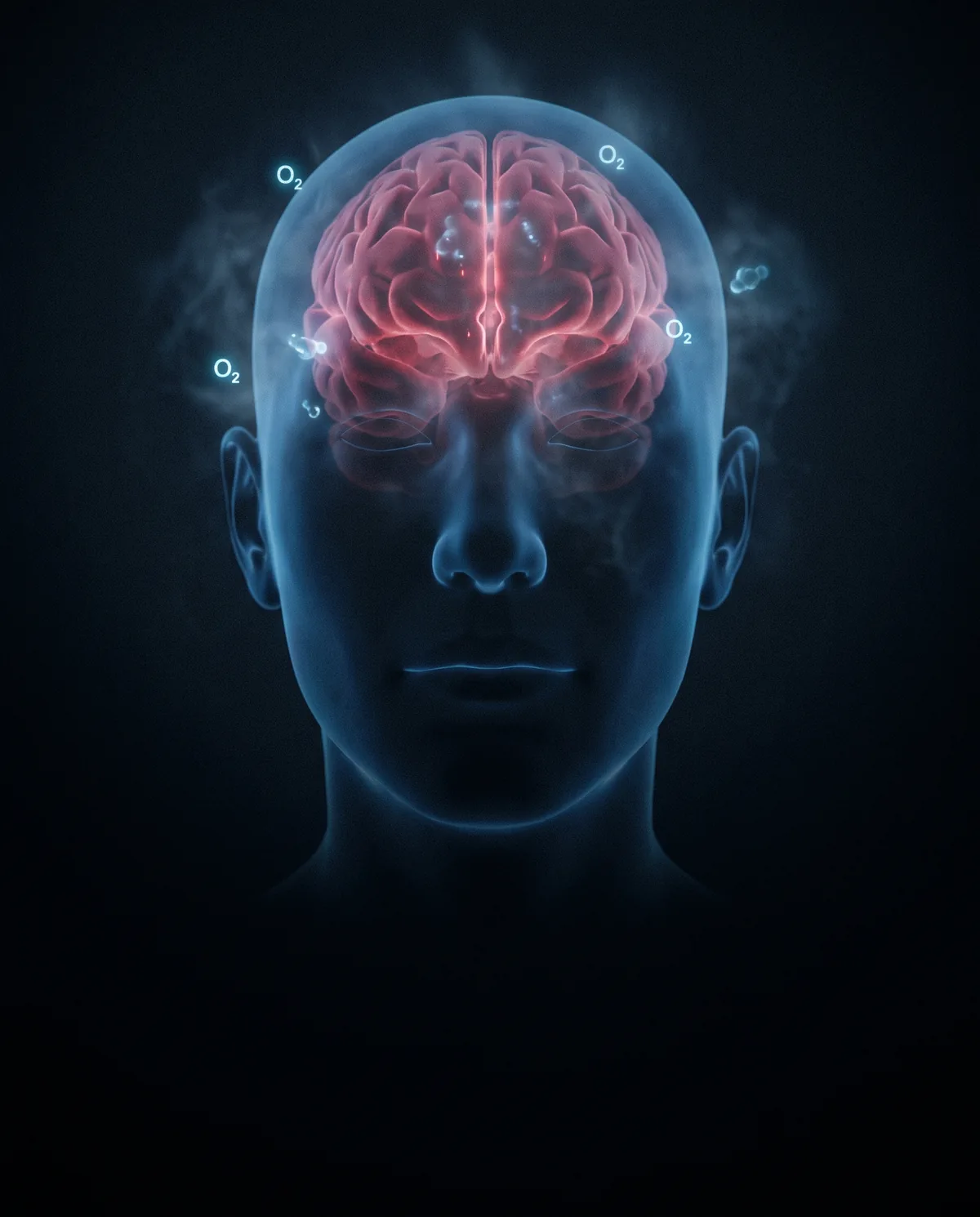 Human head with a dim red brain illustrating low oxygen and brain fog