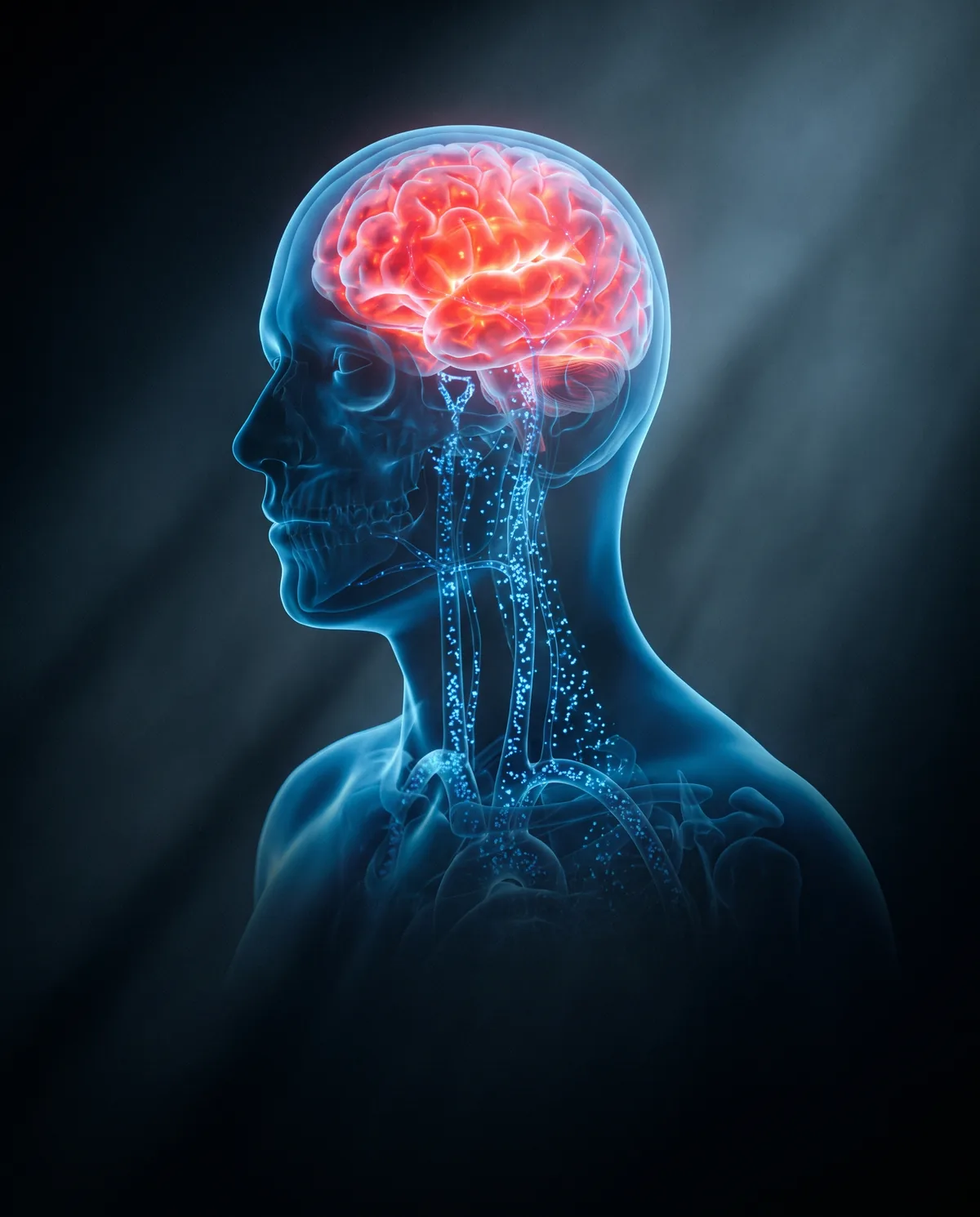 Anatomical render of a head with glowing red brain showing oxygen and the brain
