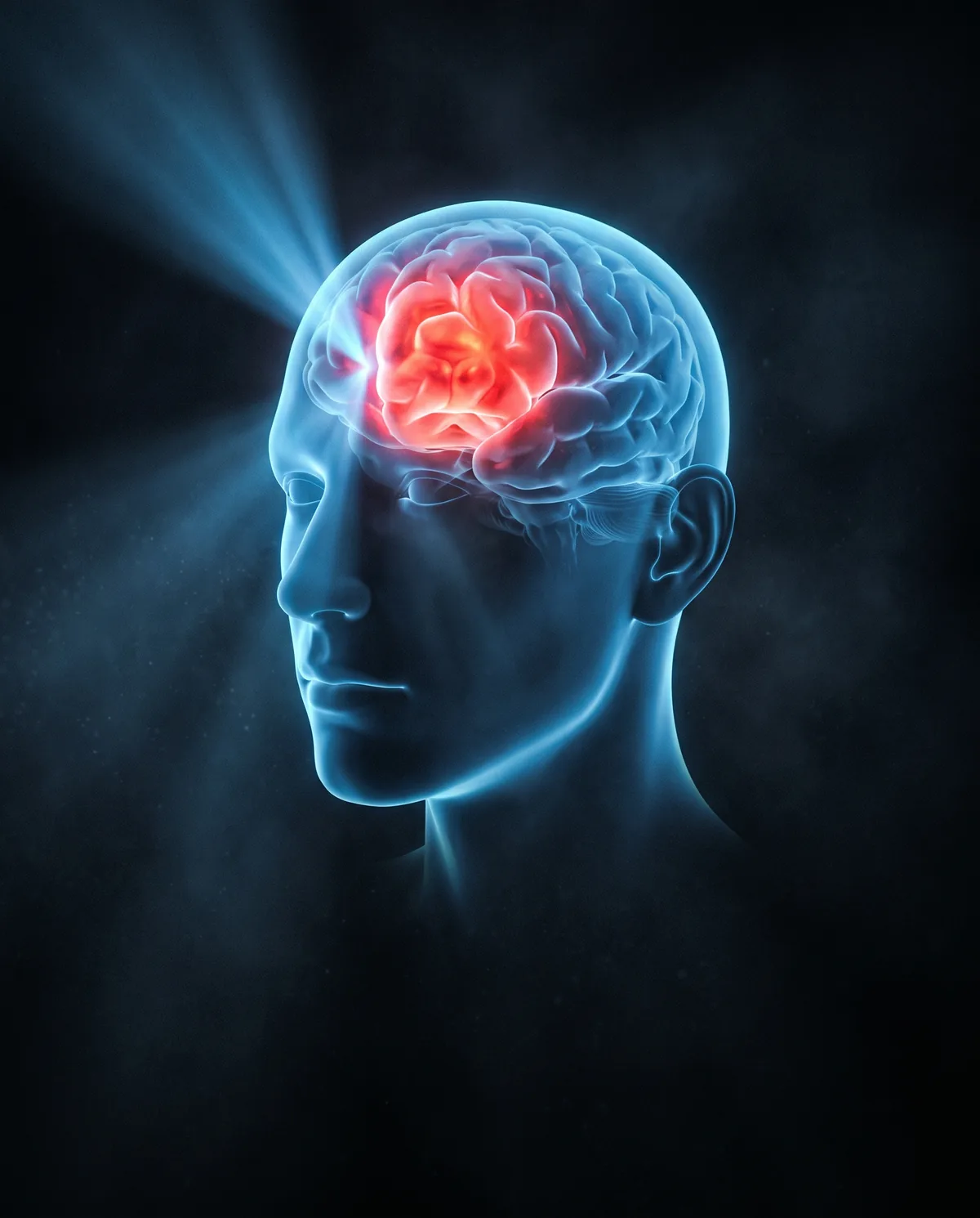Blue light beam on a glowing frontal lobe illustrating brain oxygen and focus